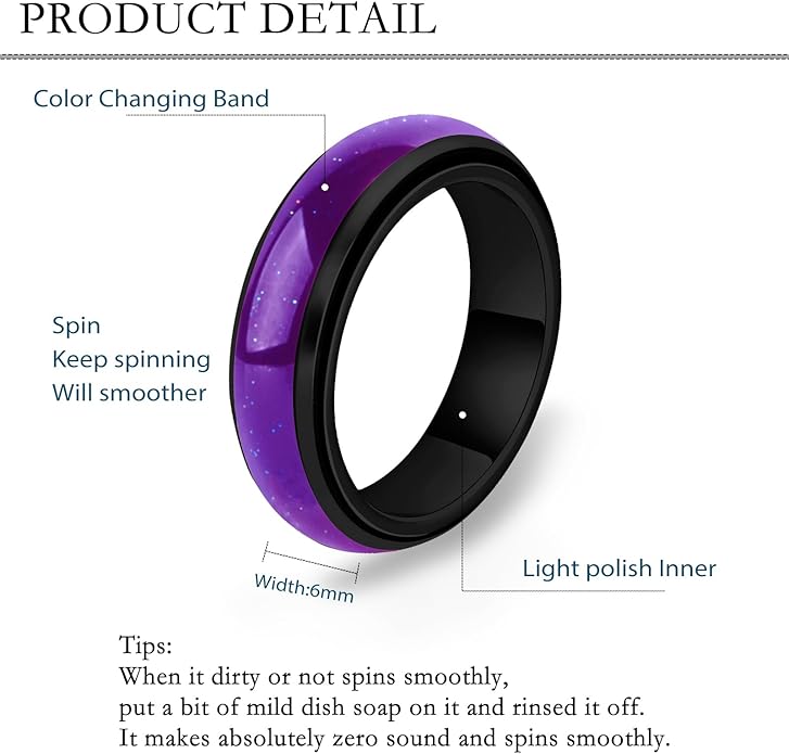 Mood Fidget Ring for Women Teens - 6mm Stainless Steel Temperature Sensative Color Changing Spin Rings for Anxiety Relief Mood Jewelry