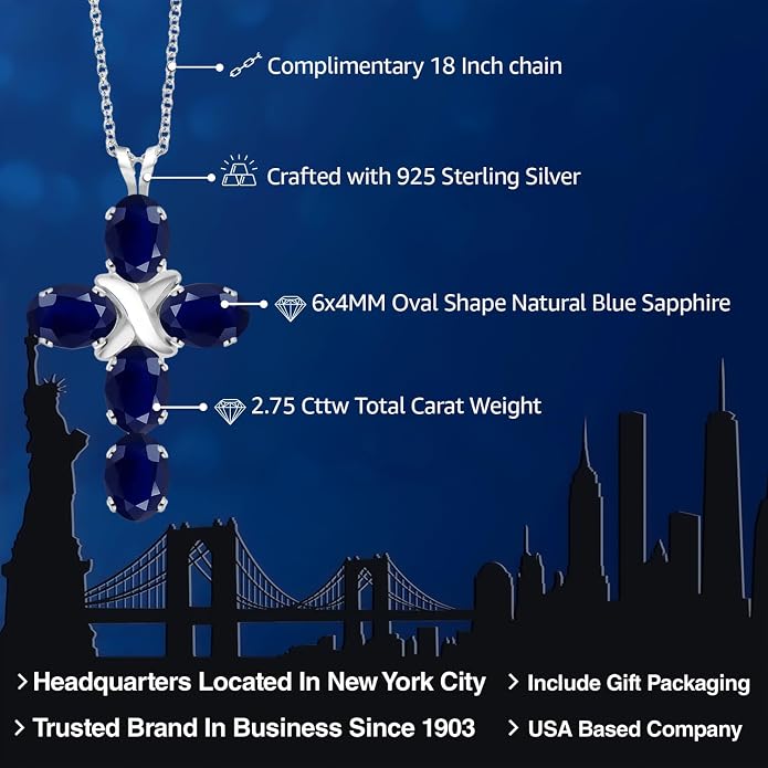 Gem Stone King Cross Pendant Necklace for Women | 925 Sterling Silver | 6X4MM Gemstone Birthstone | Jesus Christian Religious Crucifix Jewelry Gifts | 18 Inch Chain