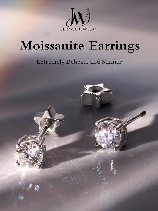 Moissanite Earrings Studs - 925 Sterling Silver Earrings for Women Men 14K Gold Plated Double Sided Star Flat Back Stud Earring Hypoallergenic Small Cartilage Helix Piercing Jewelry D Color VVS1
