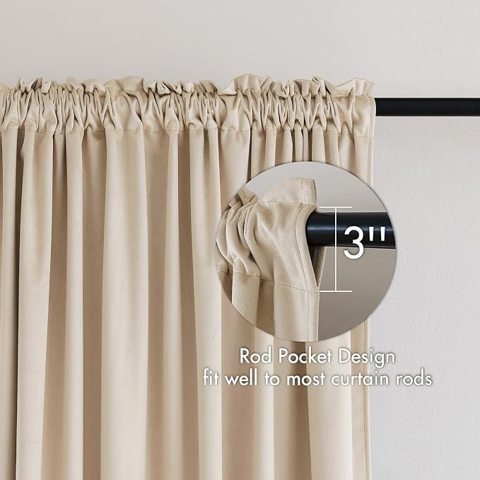 MIULEE Beige Blackout Velvet Curtains Drapes 96 Inch Long 52"x96" Bedroom | Luxurious Bedroom Living Room Decor, Room Darkening, Thermal Insulated, Rod Pocket Design, Super Soft Fabric