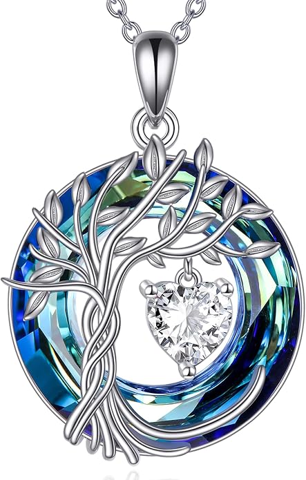 POPLYKE Mothers Day Gifts for Mom Her Wife Tree of Life Necklace 925 Sterling Silver Birthstone Pendant with Crystal Anniversary Birthday Wedding Jewelry for Women