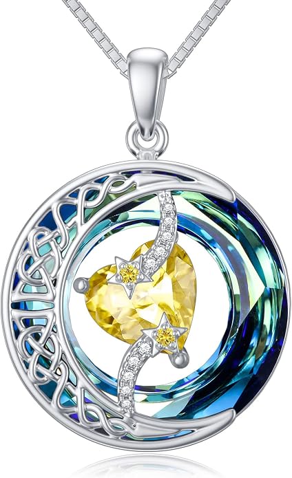 TOUPOP Birthstone Necklace 925 Sterling Silver Moon and Star Pendant Celtic Moon Jewelry with Blue Crystal Anniversary Birthday Gifts for Women Mom Wife Her