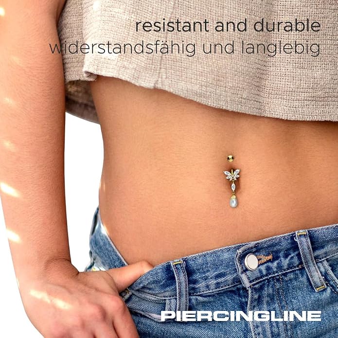 PIERCINGLINE surgical steel dangle belly button piercing with butterfly + synthetic pearl - belly button ring surgical steel, gold, silver, rosegold piercing - new version with improved durability