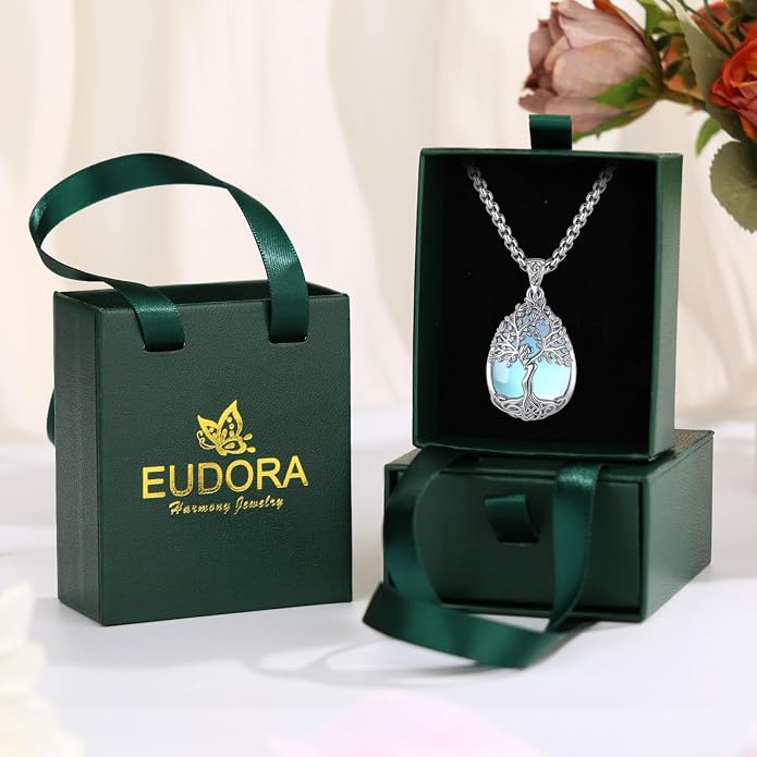 EUDORA Tree of Life Necklace with Moonstone Amethyst Obsidian Turquoise Healing Crystal for Women, Silver Plated Copper Mother Tree of Life Pendant Amulet Energy Jewelry, Gift for Women Mom, 20"+2"