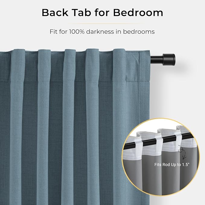 INOVADAY 100% Blackout Curtains for Bedroom, Stone Blue Black Out Curtains 108 Inch Long, Clip Rings Linen Blackout Drapes, Thermal Insulated Room Darkening for Living Room, 2 Panels - W50xL108