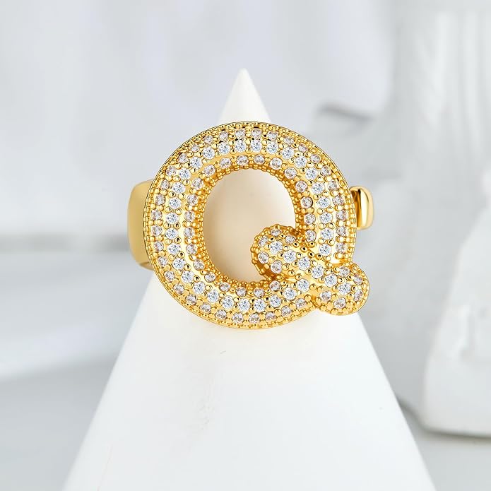 Cicy Bell Initial Rings for Women 14k Gold Plated Cubic Zirconia Delicate Letter Chunky Statement Open Rings Gifts for Her