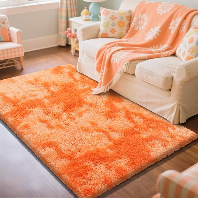 Mottling Orange Fluffy Rug Shag Area Rug, 5x8 Area Rugs for Girls Bedroom, Soft Play Mat, Indoor Floor Carpet for Teen, Preppy Dorm, Plush Aesthetic Bedside Rug
