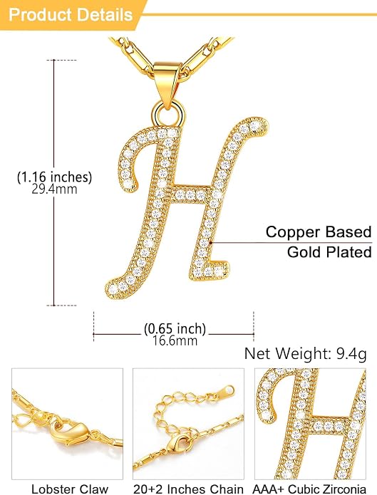 U7 Initial Necklace for Women, Gold/Platinum Plated CZ Crystal Letter A-Z Pendant Necklace, Shiny 20 Inch Name Chain Dainty Personalized Jewelry for Men Mom Wife Friend