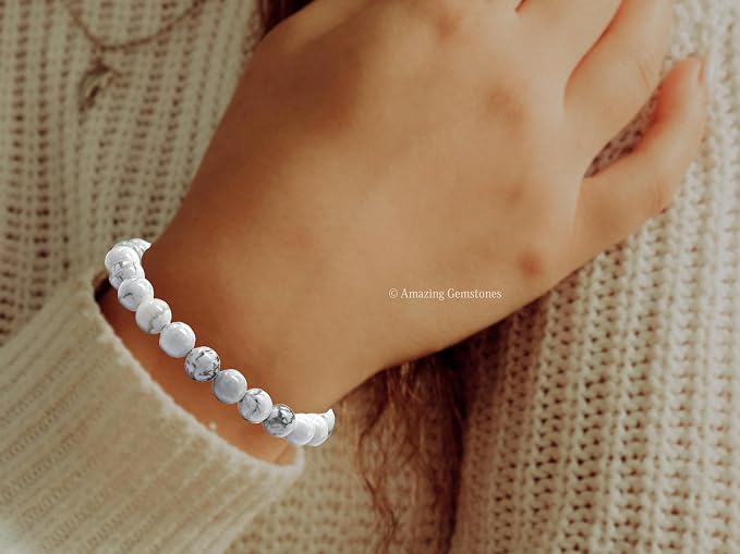 Amazing Gemstone Howlite Bracelet, Gifts for Men & Women - Protection Healing Crystal Bracelet - 8mm Gemstone Beaded Adjustable Bracelet, Pulseras para Hombres Mujer Stocking Stuffers