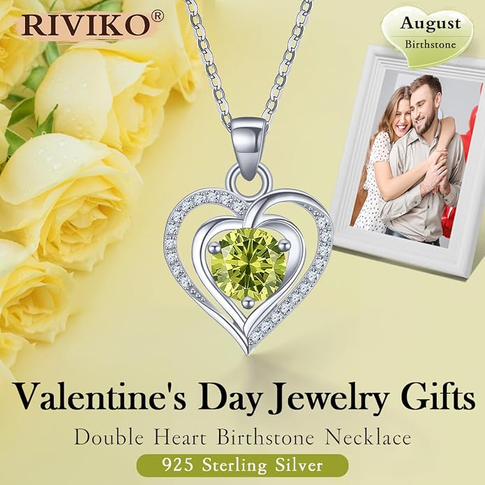 RIVIKO Heart Birthstone Pendant Necklace for Women 925 Sterling Silver Zirconia Necklaces Valentine's Day Anniversary Birthday Mothers Day Jewelry Gifts For Her Mother Wife