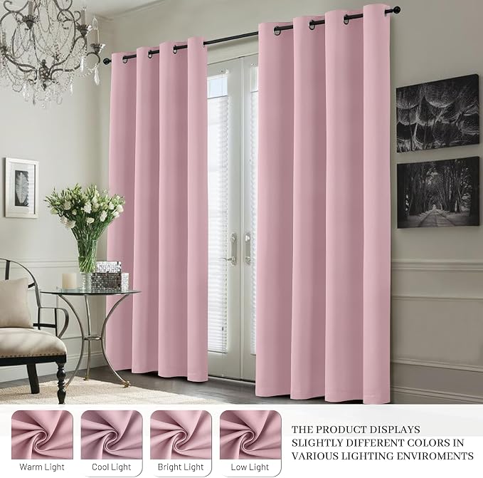 Yakamok Pink 100% Blackout Curtains 63 Inches Long for Bedroom 40" Wide | Blackout Curtain Panels for Bedroom, 2 Thick Layers Grommet Top Thermal Insulated Drapes with White Back for Living Room