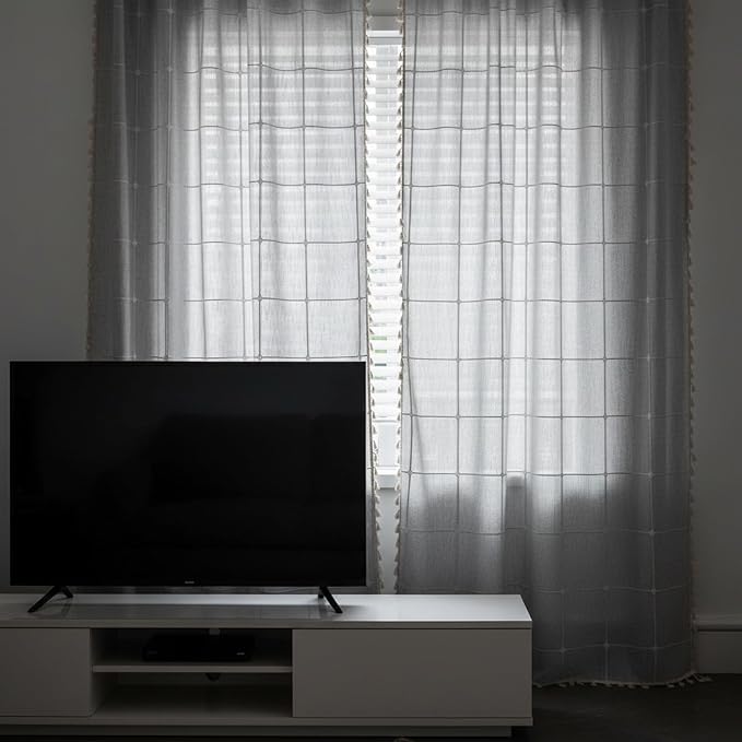 ColorBird Farmhouse Semi-Blackout Window Curtains 2 Panels Embroidery Lattice Cotton Linen Darkening Curtains with Tassel Rod Pocket Window Drapes for Dining Living Bedroom (52" W x 63" L, Grey)