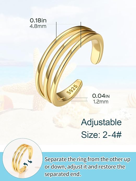 ChicSilver Sterling Silver Toe Rings for Women 14K Gold Plated Toe Rings for Women Open Adjustable Toe Ring for Women Toe Jewelry for Summer Beach