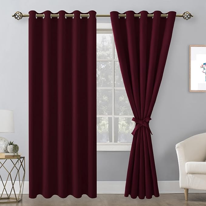 Hiasan Blackout Curtains for Bedroom, 60 x 84 Inches Long - Thermal Insulated & Light Blocking Window Curtains for Living Room Christmas Decor, 2 Drape Panels Sewn with Tiebacks, Burgundy