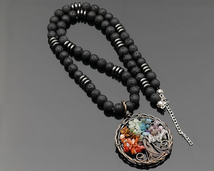 ElisaJewelryArt - Natural Labradorite Big Tree Of Life Black Lava Stone Beaded Necklace Genuine Gemstone Energy Stone Clasp Closure Necklace Unisex Necklace