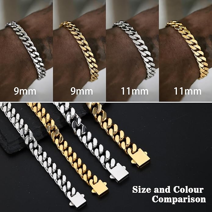 Stainless Steel Cuban Link Bracelet for Men - Gold/Silver Plated Miami Curb Chains Bracelet - Cuban Hand Chain Wrist Bracelet Hip Hop Jewelry, 9mm/11mm Width, 7.5"/8.3"/9"
