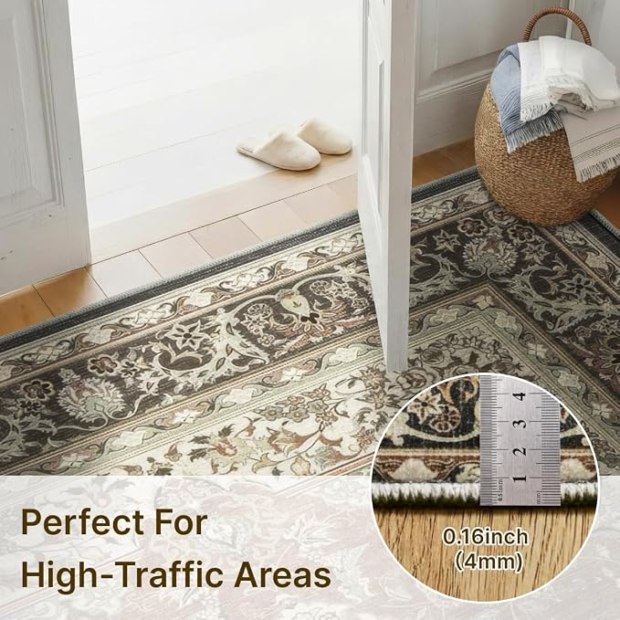 3x5 Area Rug for Living Room-Vintage Farmhouse Boho Floral Neutral Washable Stain Resistant Indoor Carpet for Bedroom Office and Home Decor(Brick&Brown)