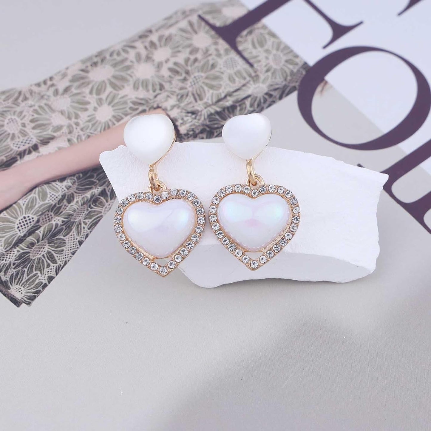 Vintage Rhinestone Heart Drop Earrings Opal Heart Stud Earrings Moonstone Heart Earrings Gold Crystal Heart Dangle Earrings Jewelry for Women