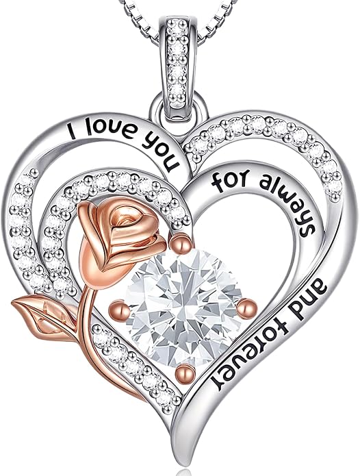 Birthstone Heart Necklaces for Women 925 Sterling Silver Fine Jewelry Rose Pendant Necklace Anniversary Birthday Mothers Day Gifts Her Wife Women Mom Daughter