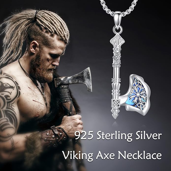 MONGAS Viking Axe Necklace for Men Sterling Silver Axe Pendant Rune Necklace Viking Jewelry Nordic Mythology Gifts for Men