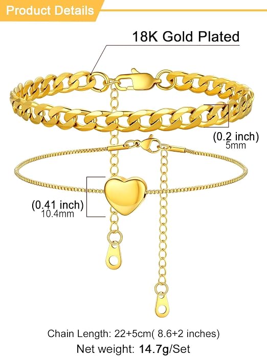 U7 2Pcs/3Pcs Ankle Bracelets for Women, Stainless Steel Cuban Link/Figaro/Rope/Heart Chain Anklets Sets,Waterproof Layered Anklets Adjustable 8.5"-10.5"
