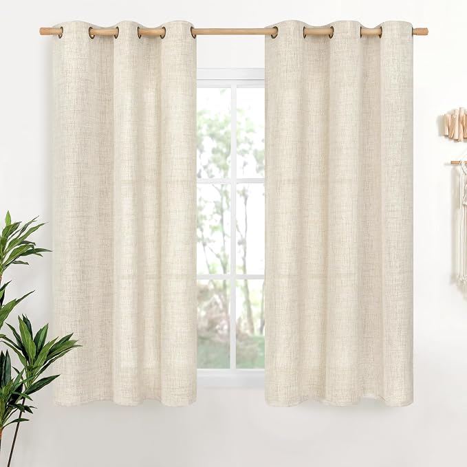YoungsTex 48 Inches Long Linen Curtains for Short Window, Boho Textured Drapes Light Filtering with Bronze Grommet Privacy for Bedroom Living Room Windows, 42 x 48 Inch, 2 Panels
