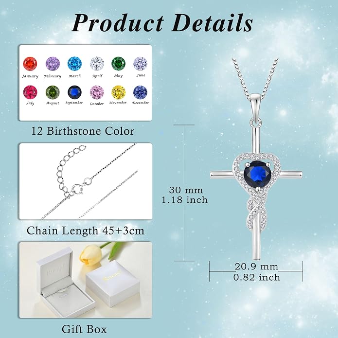 Cross Necklace for Women 925 Sterling Silver Infinity Birthstone Pendant Necklace Religious Christian Jewelry Gifts Wife Mom Her