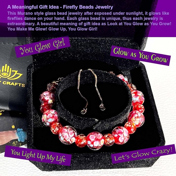 ARTSY Crafts Lily Garden Glow in the Dark Firefly Bead Bracelets Necklaces, Handmade in USA Murano Glass Jewelry, Flower Luminous Beads Mermaid Crystal Bracelet Bangle
