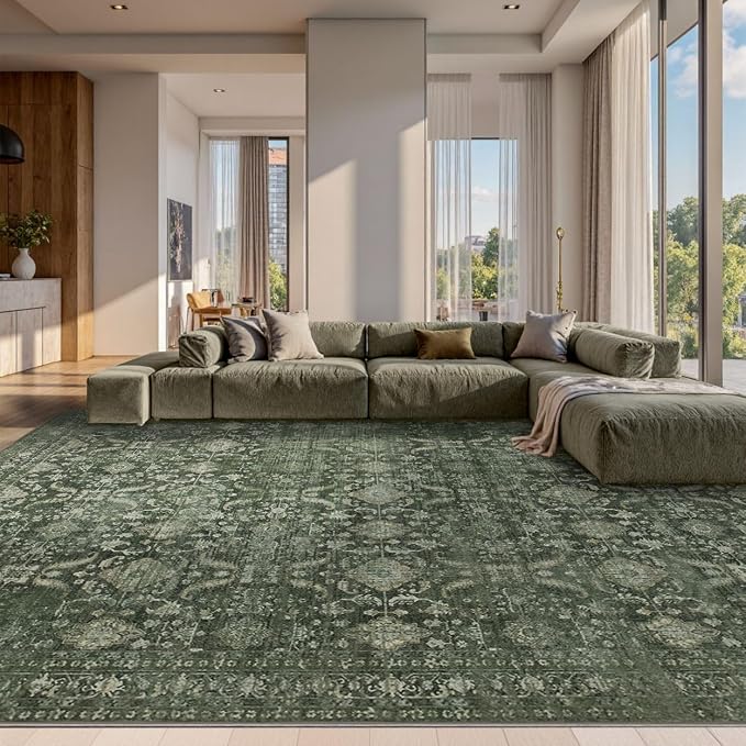 Rugxara Green 10x14 Area Rugs for Living Room Bedroom Large Washable Rug | Non Slip, Rug for Dining Room Office Farmhouse, Stain Resistant, Soft, Low Pile, Vintage Boho Retro Carpet, Home Decor