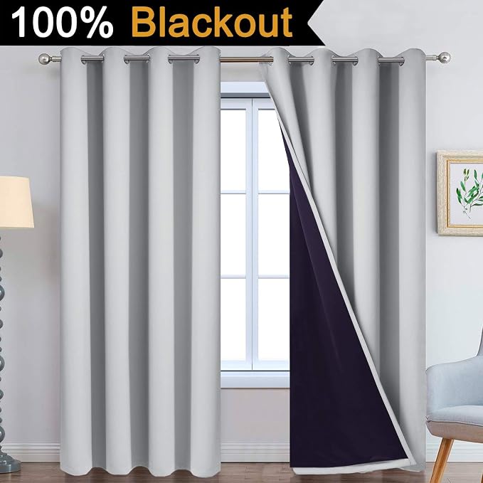 Yakamok Light Grey 100% Blackout Curtains 96 Inches Long 52" Wide 2 Panel | Blackout Curtain Panels for Bedroom, 2 Thick Layers Grommet Top Thermal Insulated Drapes with Black Liner for Living Room