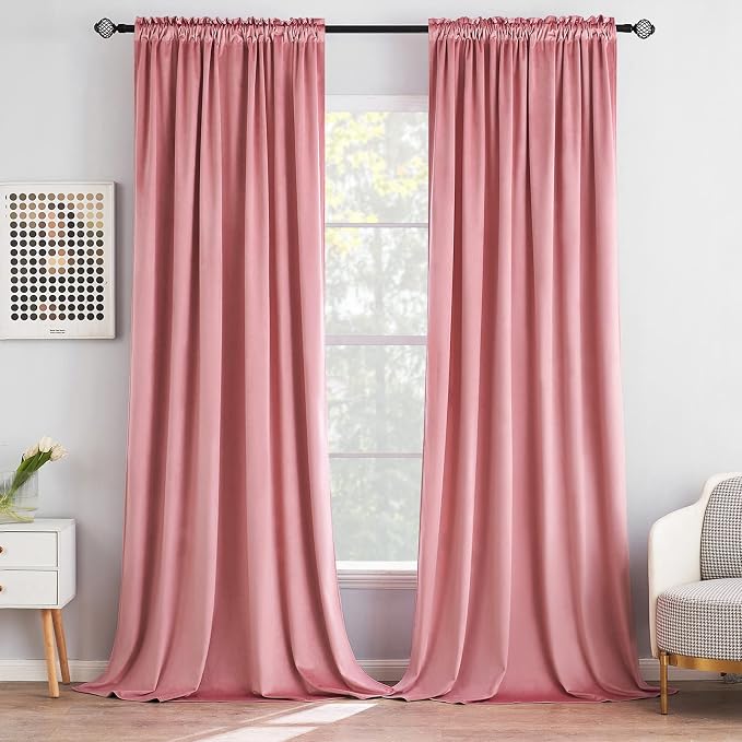 MIULEE Pink Blackout Velvet Curtains Drapes 90 Inch Long 52"x90" Bedroom | Luxurious Bedroom Living Room Decor, Room Darkening, Thermal Insulated, Rod Pocket Design, Super Soft Fabric