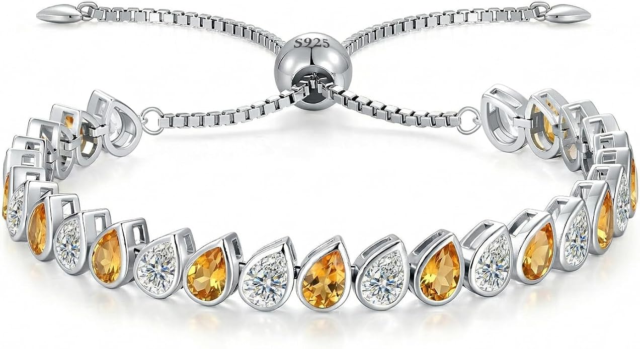 Birthstone Tennis Bracelet for Women 925 Sterling Silver Pear Shaped Gemstone Inlaid White Gold Plated Adjustable Chain Gifts for Mom Wife