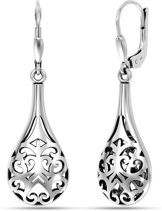 LeCalla 925 Sterling Silver Antique Earrings for Women | Filigree Leverback Dangle Earring | Drop Dangle Earrings for Women | Oxidized Silver Jewelry for Her Mom Wife