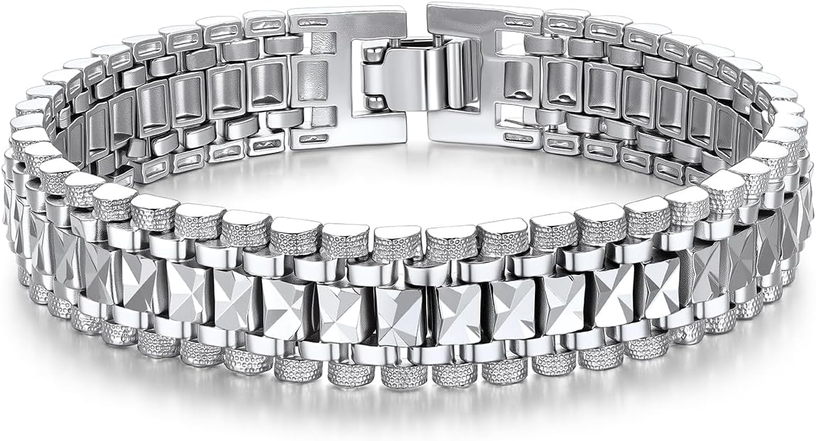 U7 Link Bracelets for Men, Cuban Link/Rope/Watch Band Solid Bracelet, Silver Black Gold Color Wrist Bracelet 3/6/9/12/15mm Width, 6.5/7.5/8.3 Inch Length, Hand Chain Jewelry for Mens Women