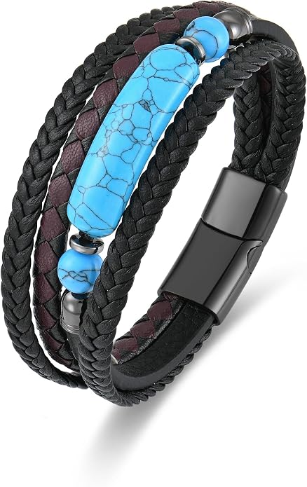 Mens Turquoise/Lapis Lazuli/Tiger Eye/Black Agate/Obsidian Leather Braided Bracelets for Father's Day/Birthdays/Graduation Jewelry Wristband Cuff Bracelet with Stainless Steel Clasp