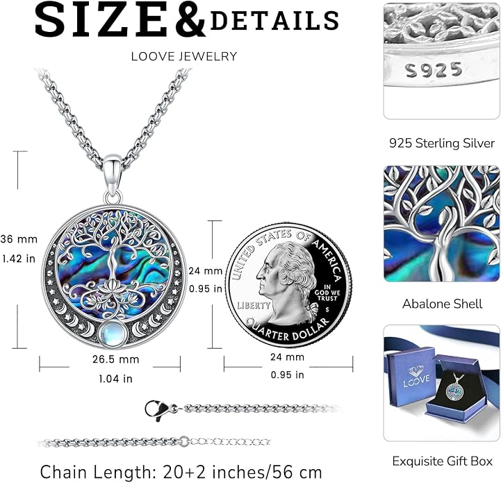 Sterling Silver Tree of Life Necklace for Women Oval Family Tree Necklace Abalone Shell Moonstone Pendant Mother Day Necklace for Mom Tree of Life Jewelry