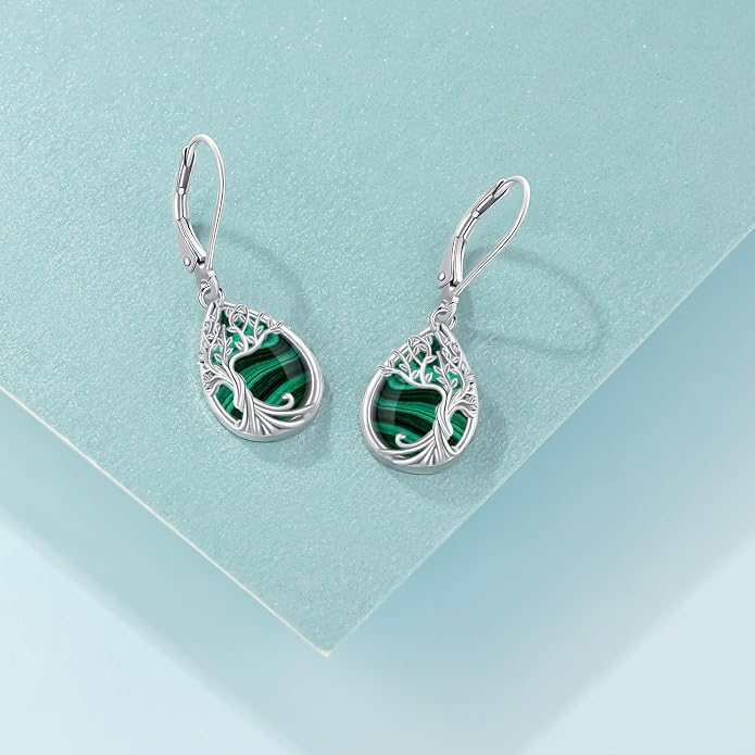 Odinstone 925 Sterling Silver Earrings Tree of Life Teardrop Moonstone Dangle Drop Leverback Earrings for Women