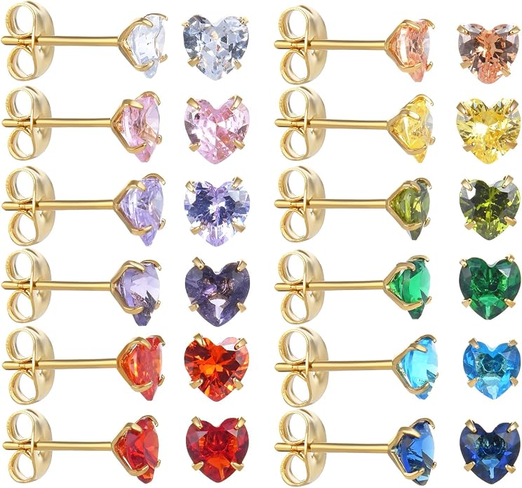12 Pairs Surgical Stainless Steel Stud Earring Round Heart Star Square Cubic Zirconia Birthstone Stud Earrings Set for Women