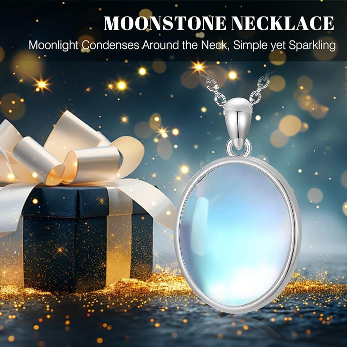 925 Sterling Silver Oval Moonstone/Turquoise Pendant Necklace, Dainty Necklace Jewelry Gifts for Women, with 18+2inch Chain
