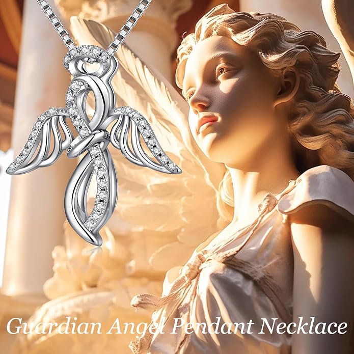 925 Sterling Silver Guardian Angel Pendant Necklace for Women with Birthstone Cubic Zirconia Little Angel Pendant Necklace Jewelry 18 inch Chain