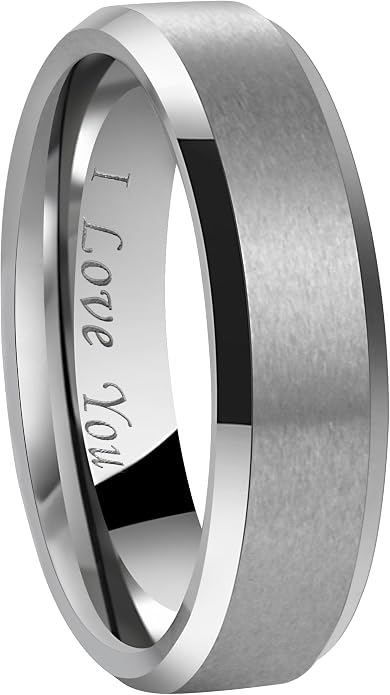 Crownal 4mm 6mm 8mm Black/Silver/Gunmetal/Gold Tungsten Wedding Couple Bands Rings Men Women Matte Brushed Finish Center Engraved "I Love You" Size 4 To 17