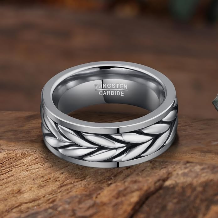 NUNCAD Tungsten Rings for Men 925 Sterling Silver Celtic Knot Braided Inlay Viking Style Tungsten Carbide Ring Comfort Fit Size 8-11