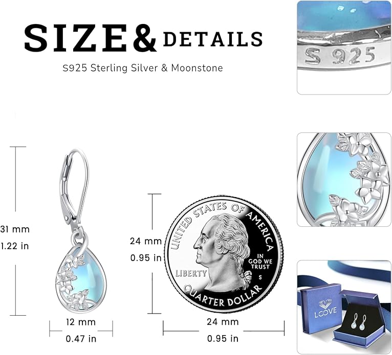 Dangle Earrings Sterling Silver Moonstone/Turquoise/CZ/Crystal Earrings for Women Tree of Life Animal Filigree Leverback Earrings Jewelry Gifts