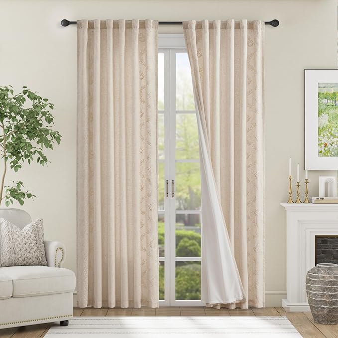 jinchan Floral Lined Linen Curtains 84 Inch Back Tab 2 Panels Ivory | Embroidered curtains,privacy lining,boho curtains,light filtering,living room,bedroom,flower patterned,window treatment