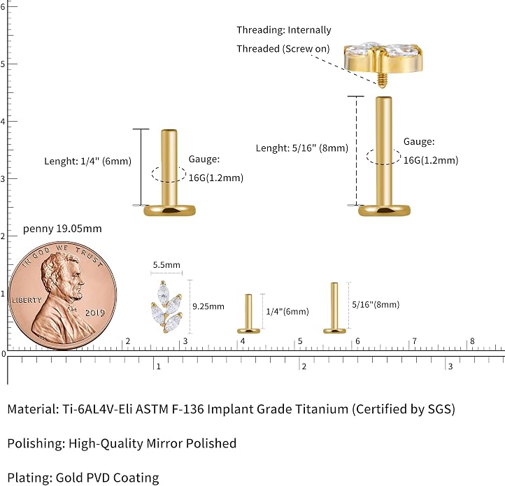 FINE4U 1PC Leaf Flat Back Stud Flat, Helix, Conch, Tragus 6mm 8mm - ASTM F136 Titanium Screw on Body Piercing Jewelry