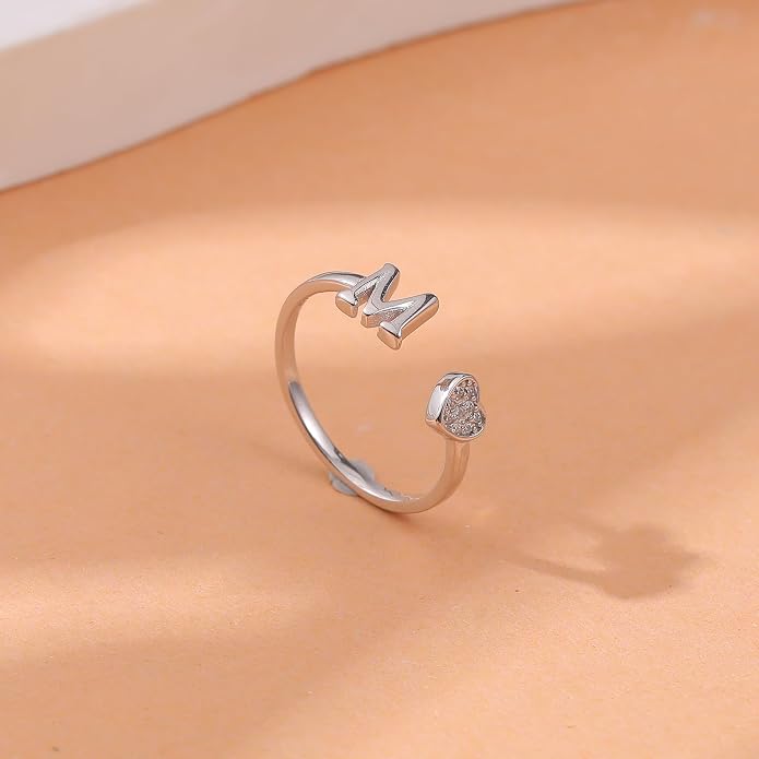 LOVECOM Initial Heart Rings for Women 925 Sterling Silver Gold Adjustable Letter Name Ring Non Tarnish Trendy Stuff Alphabet Letter CZ Stackable Ring Jewelry Gifts for Mom Daughter Sister