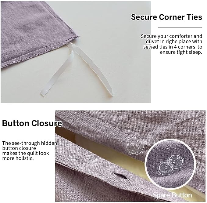 Simple&Opulence 100% Linen Duvet Cover Set with Washed-French Flax-3 Pieces Solid Color Basic Style Bedding Set-Breathable Soft Comforter Cover with 2 Pillowshams (Full, Lilac)