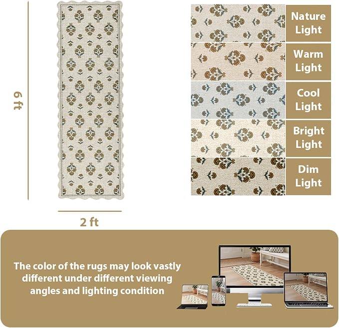 ORTIGIA Scalloped Easy Jute 2x6 Kitchen Runner Rug Vintage Yellow Block Floral Farmhouse Washable Rug Non-Slip Outdoor Carpet for Entryway Indoor Hallway Patio Laundry Room
