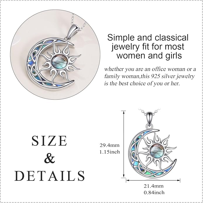 Sun and Moon Necklace for Women 925 Sterling Silver Celtic Crescent Moon Pendant Blue Opal/White Opal/Abelone Shell/Labradorite/Moonstone Jewelry Gift for Teen Girls