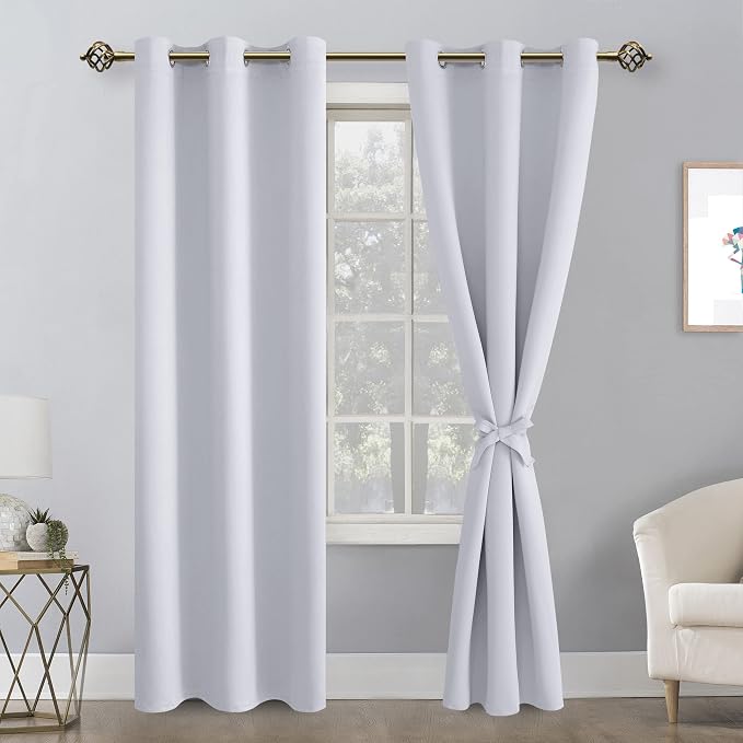 Hiasan Blackout Curtains for Bedroom, 42 x 84 Inches Long - Thermal Insulated & Energy Saving Window Curtains for Living Room, 2 Drape Panels Sewn with Tiebacks, Greyish White